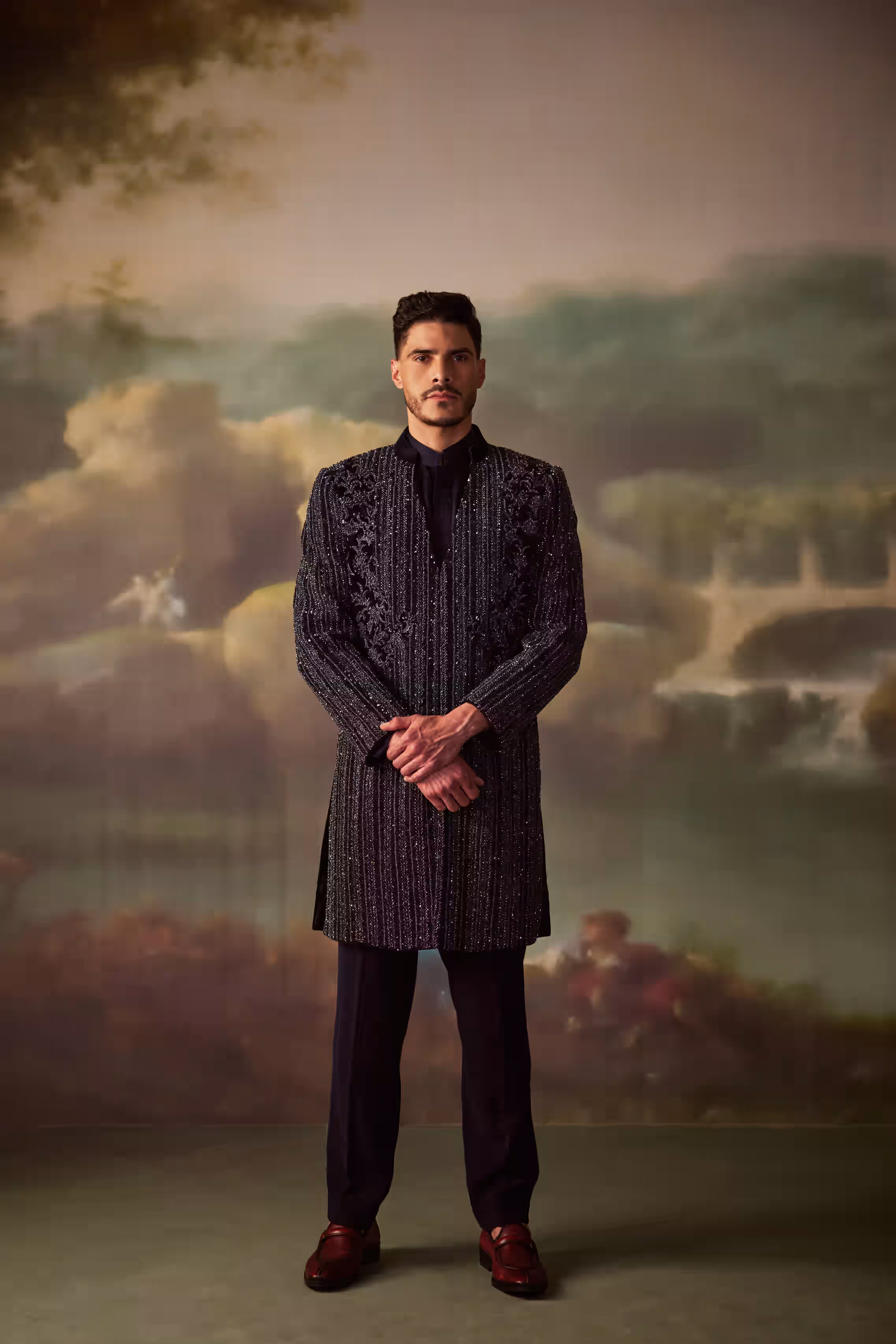 Midnight Blue Regal Pinstripe Floral Indo-Western Jacket