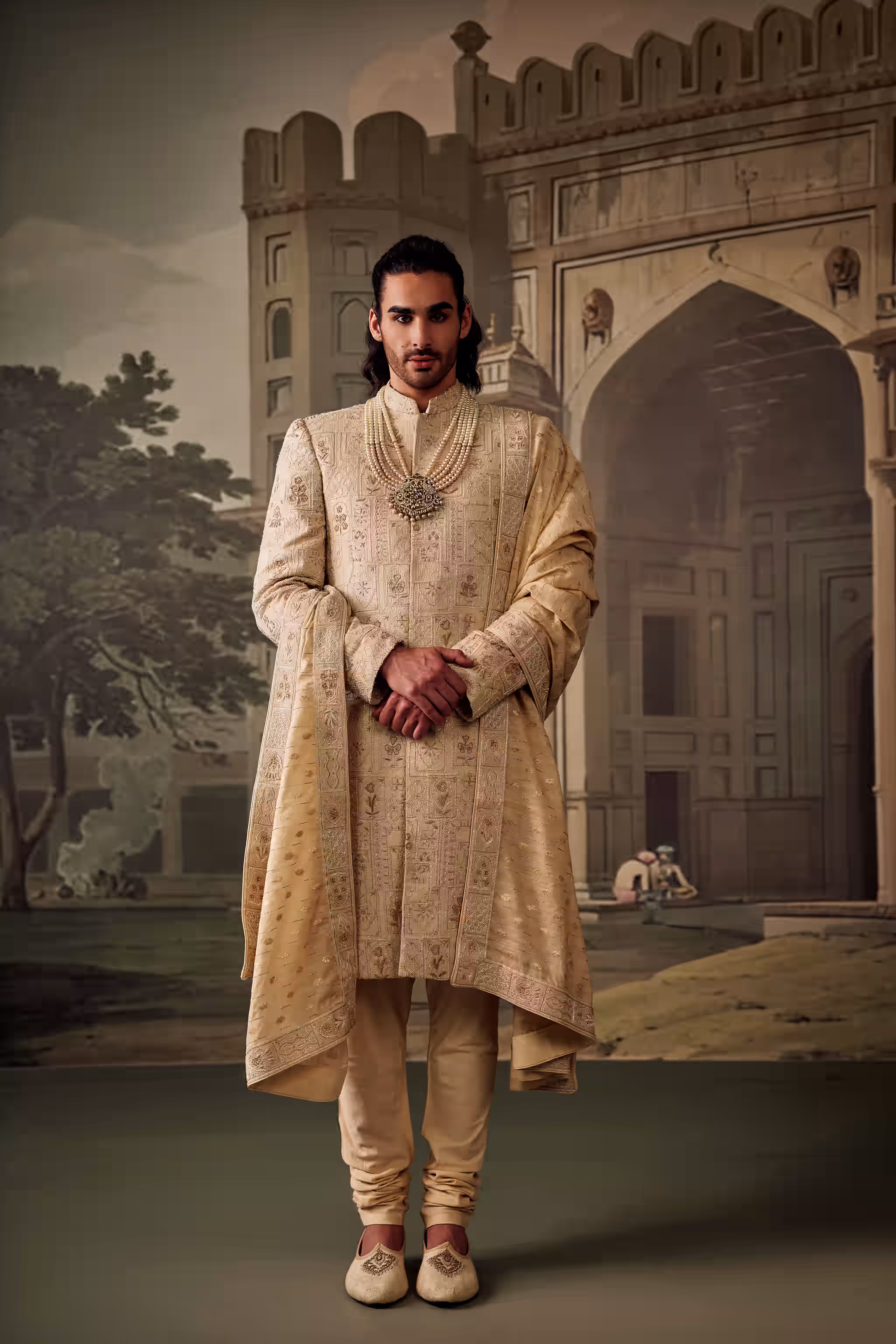 Ivory Gold Mughal Miniature Botanical Art Bandhgala Sherwani