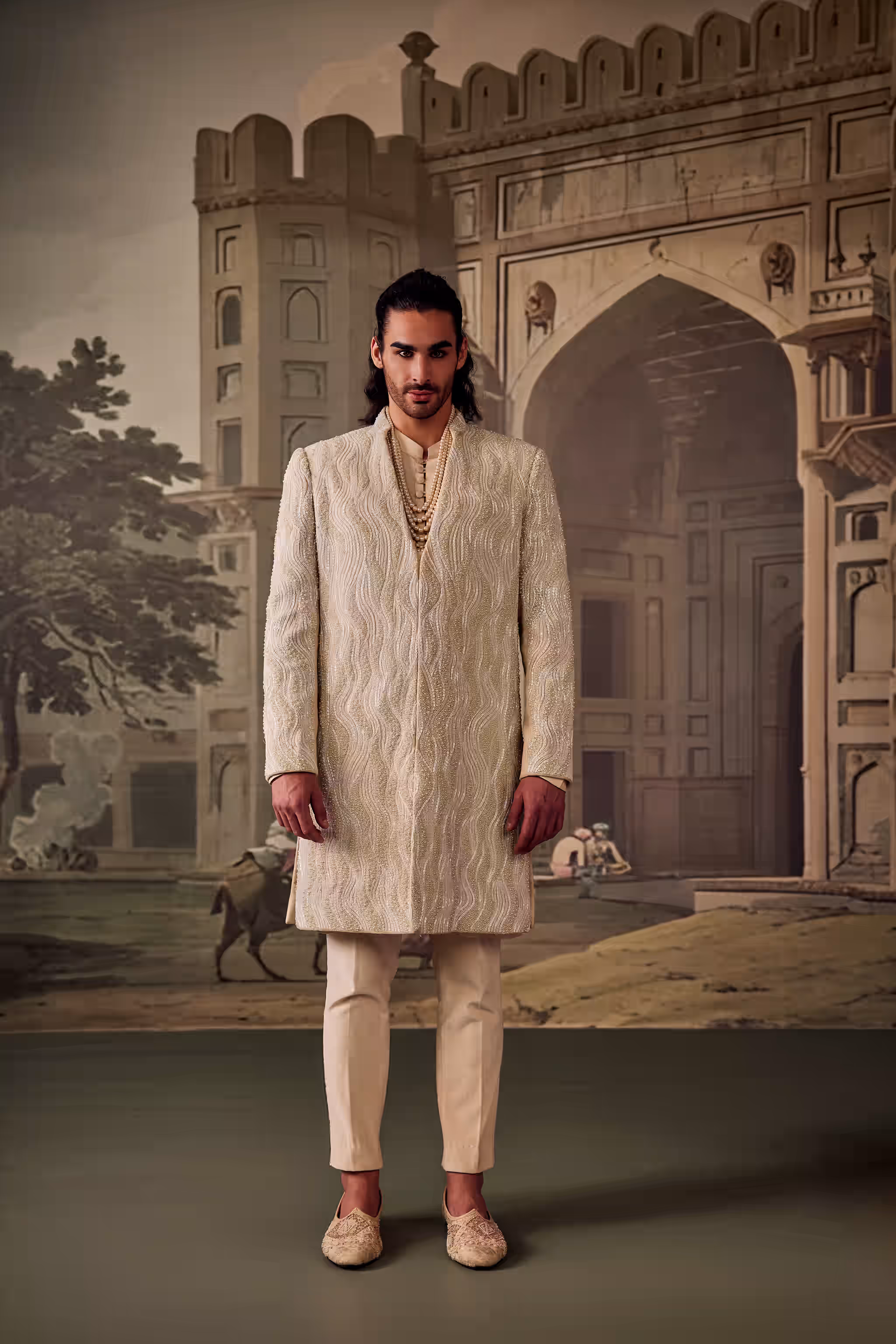 Ivory Gold Pearl Wave Embroidered Indo-Western Jacket