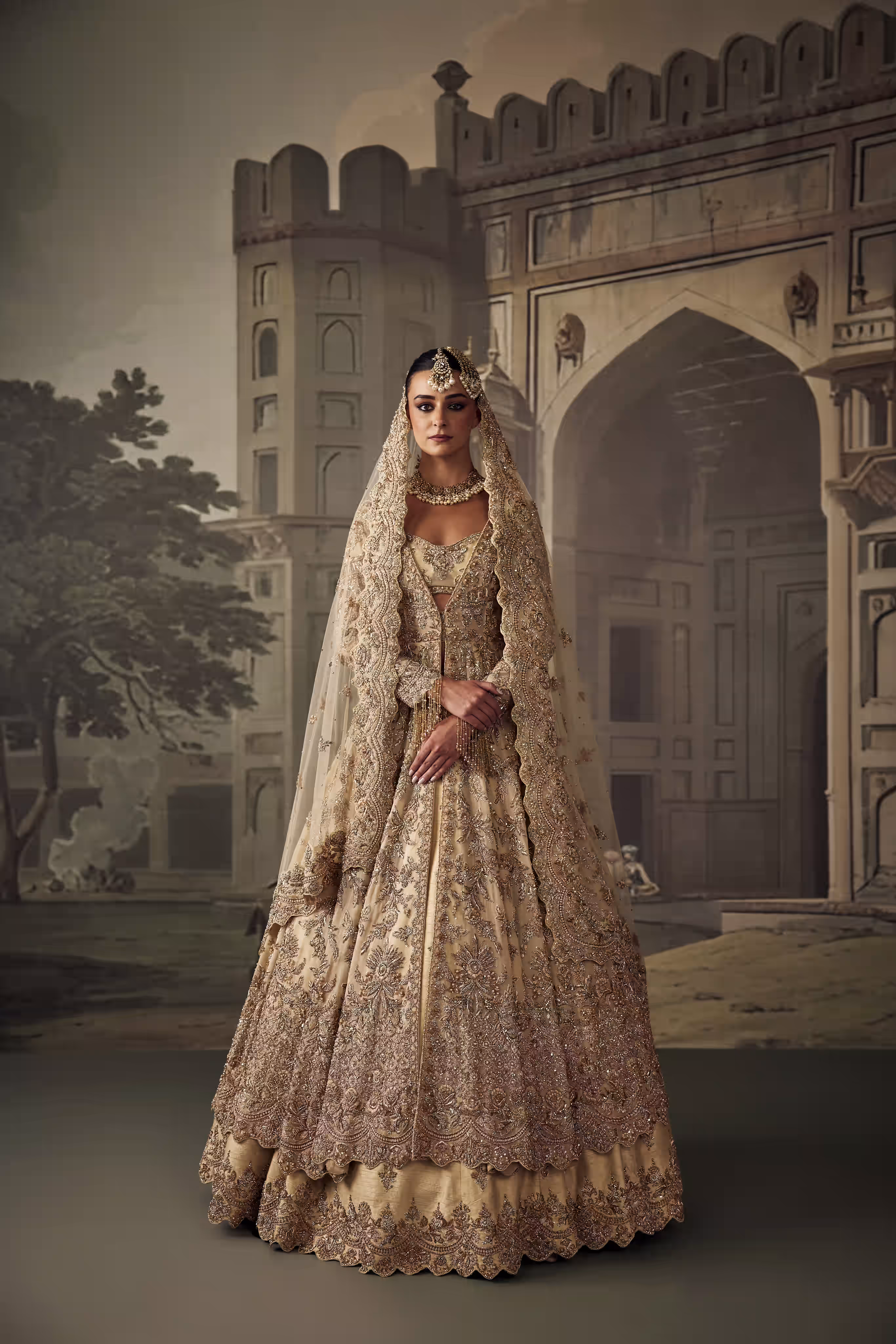 Light Gold Floral Bouquet Anarkali Jacket Lehenga