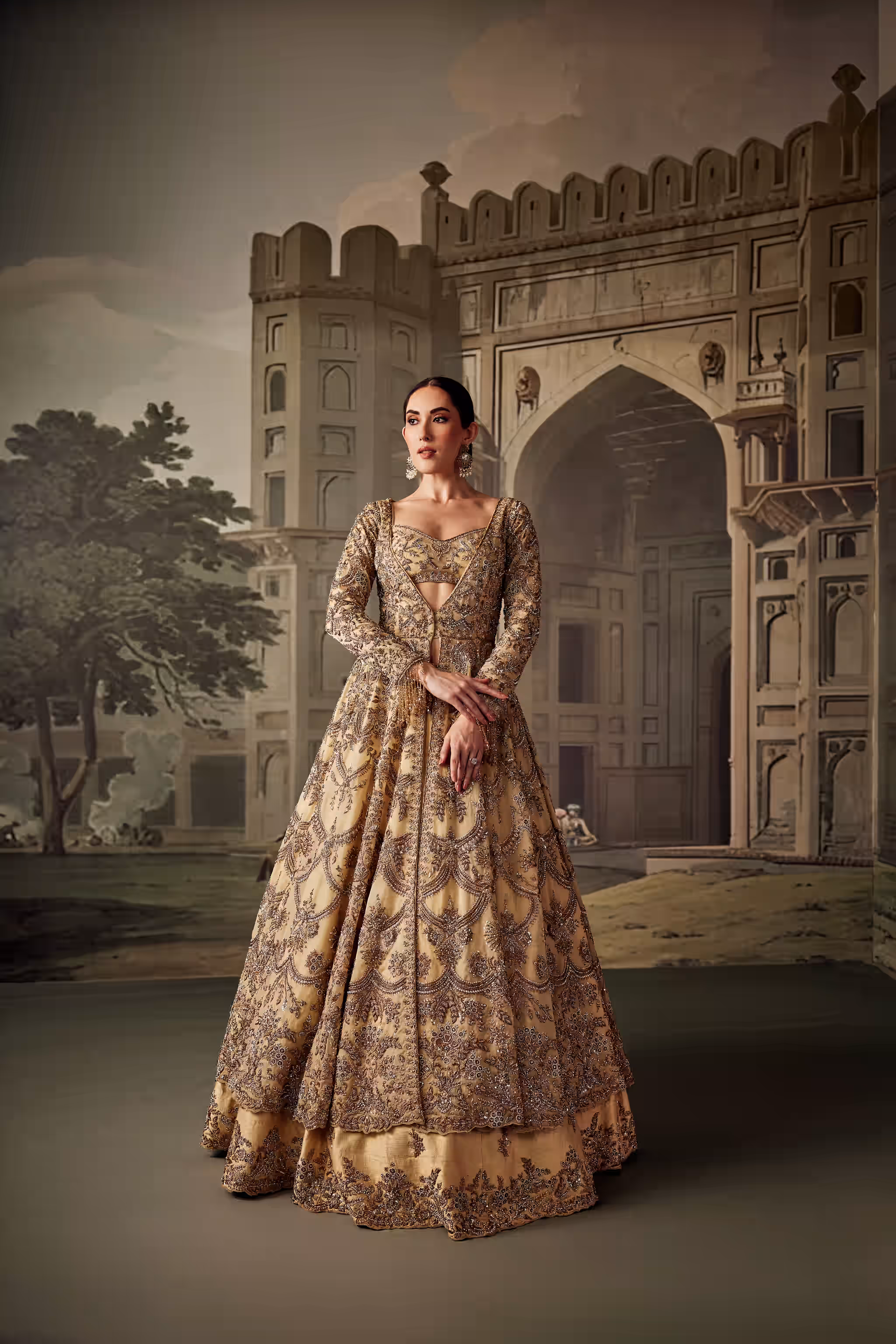 Light Gold Scallop Floral Arch Anarkali Jacket Lehenga