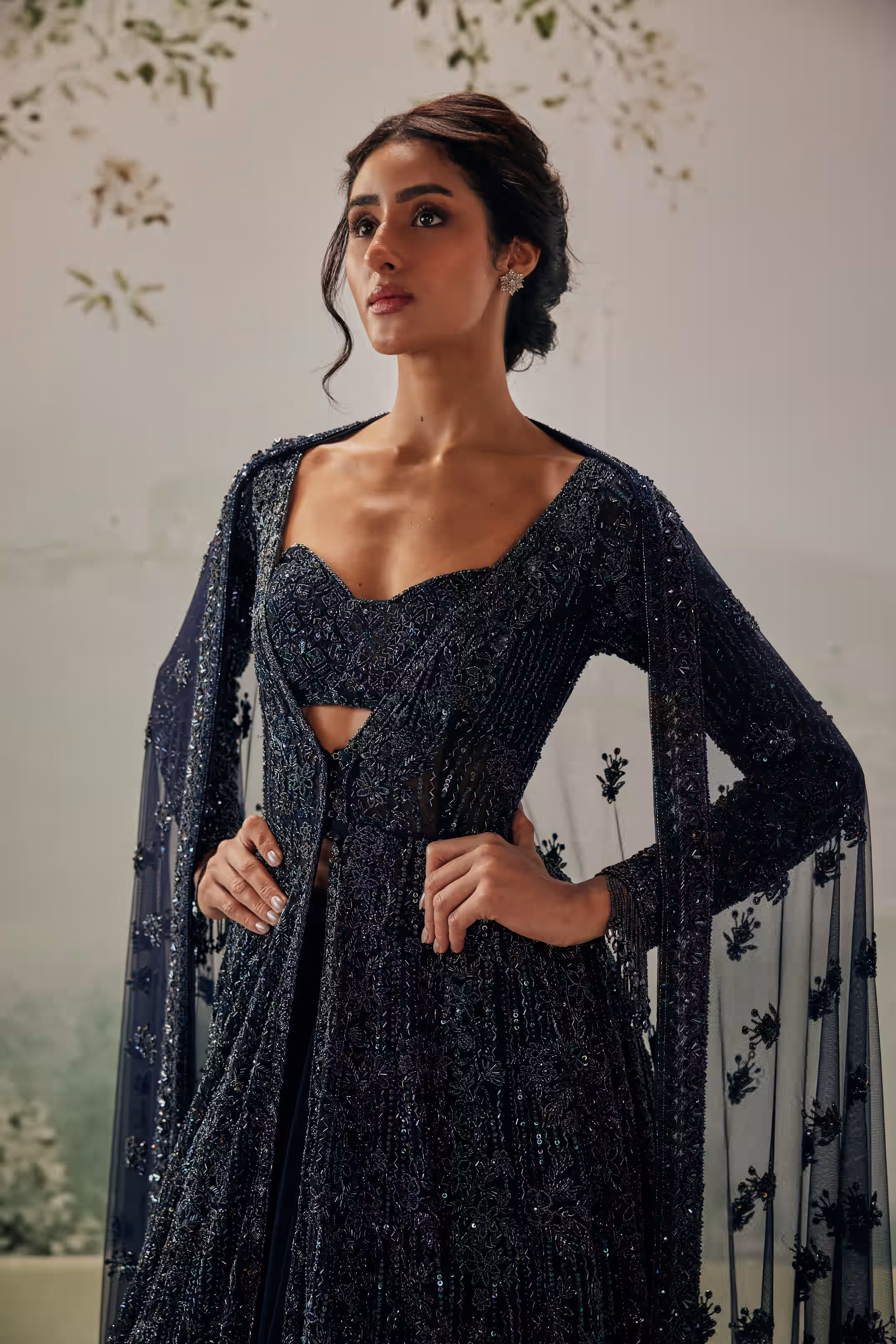 Midnight Blue Sequin Line Floral Anarkali Jacket Lehenga