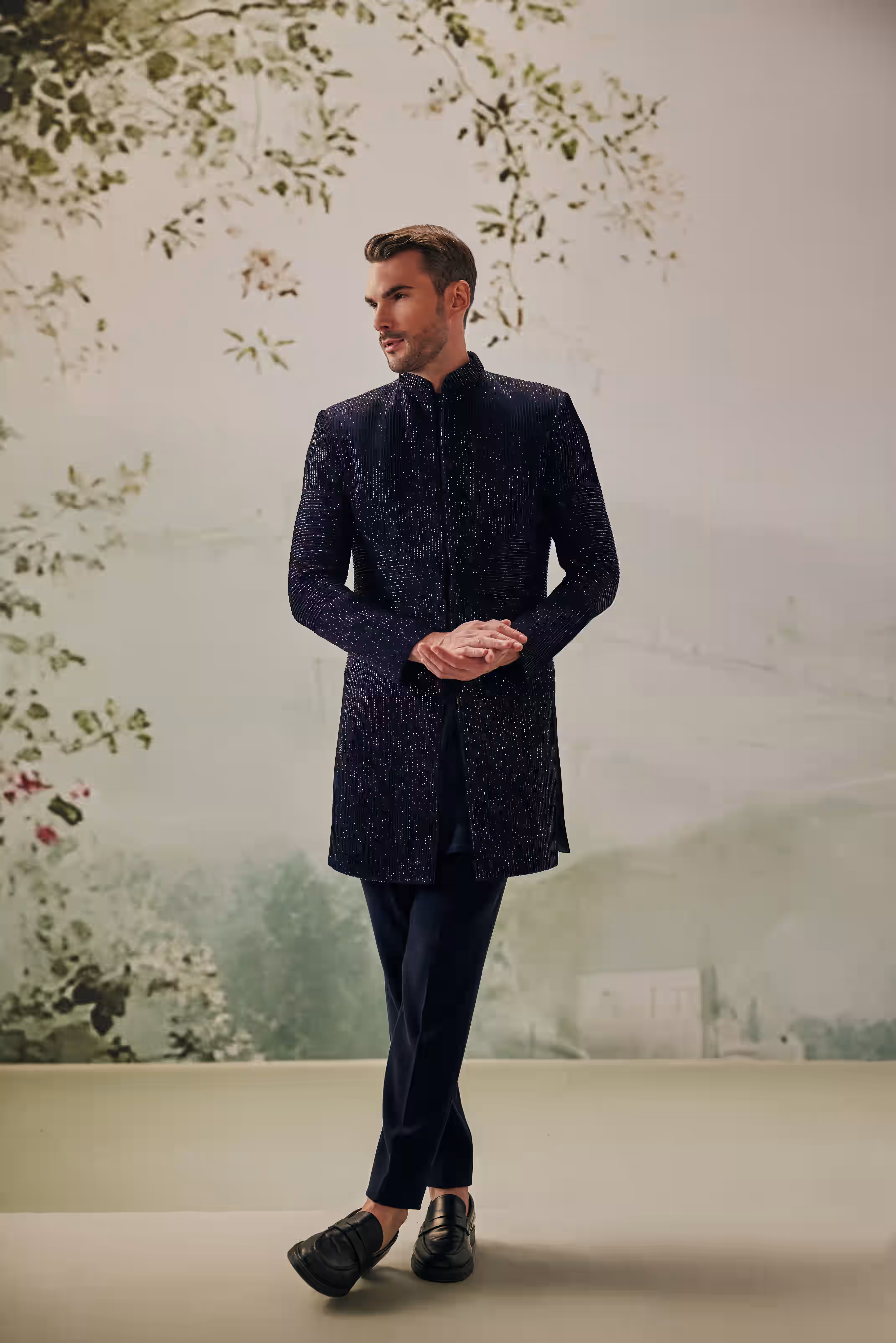 Midnight Blue Pintucks Cutdana Directional Line Indo-Western Jacket