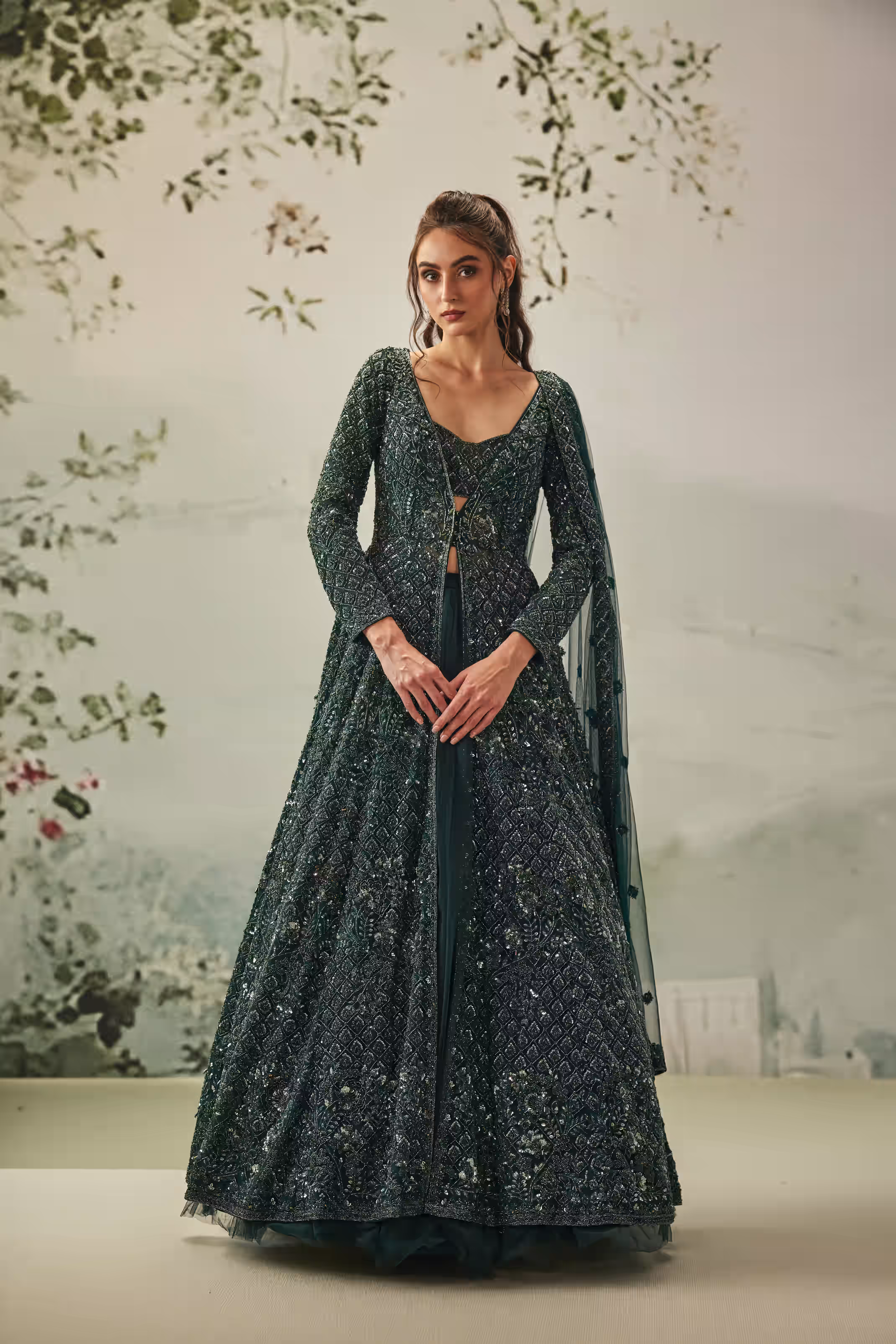 Bottle Green Floral and Butti Anarkali Jacket Lehenga