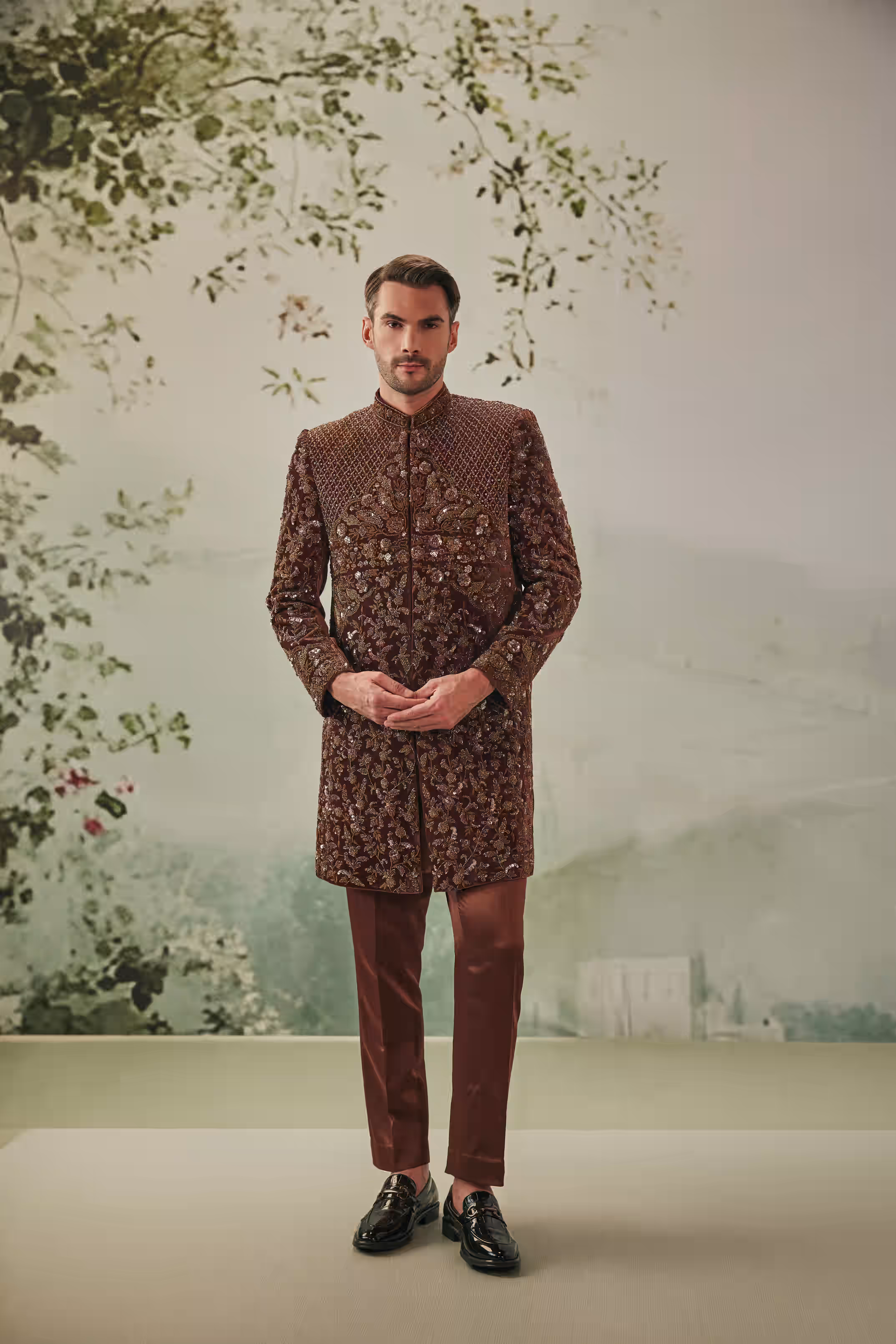 Chocolate Brown Floral Jaal Indo-Western Jacket