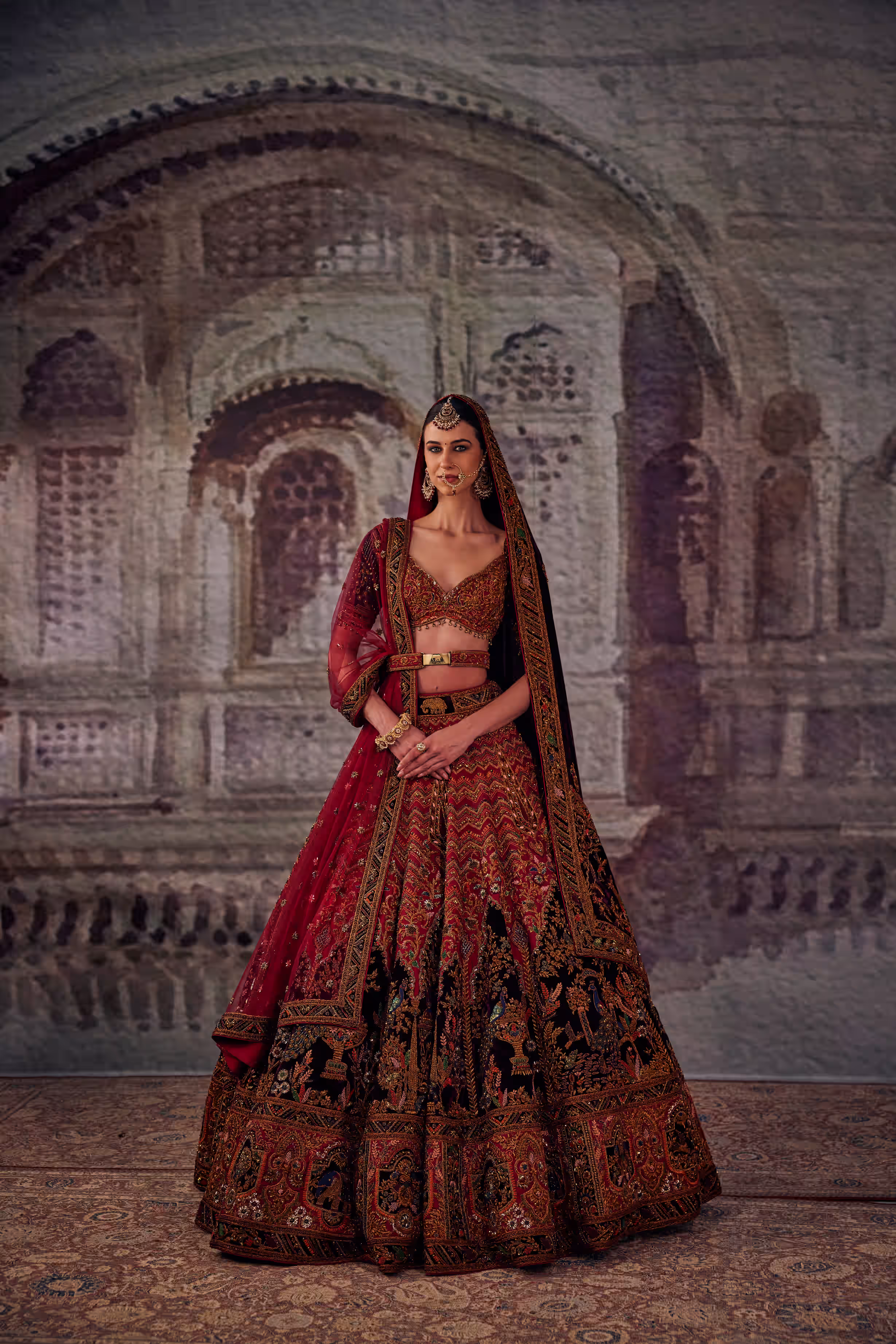 Crimson Red Serene Scenes of Royal Garden Rajwada Bridal Lehenga