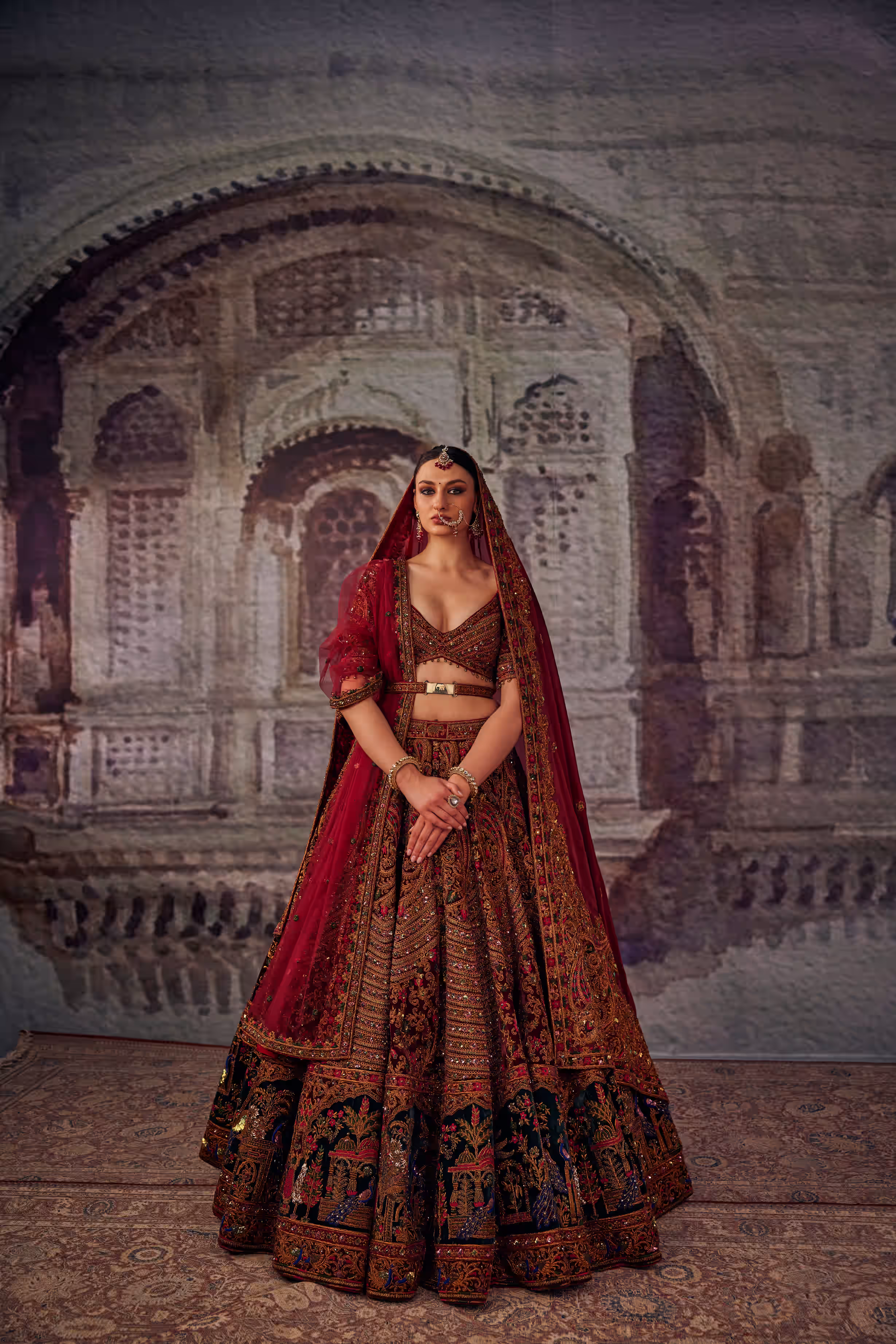 Crimson Red Pichwai Painting - Inspired Rajwada Bridal Lehenga