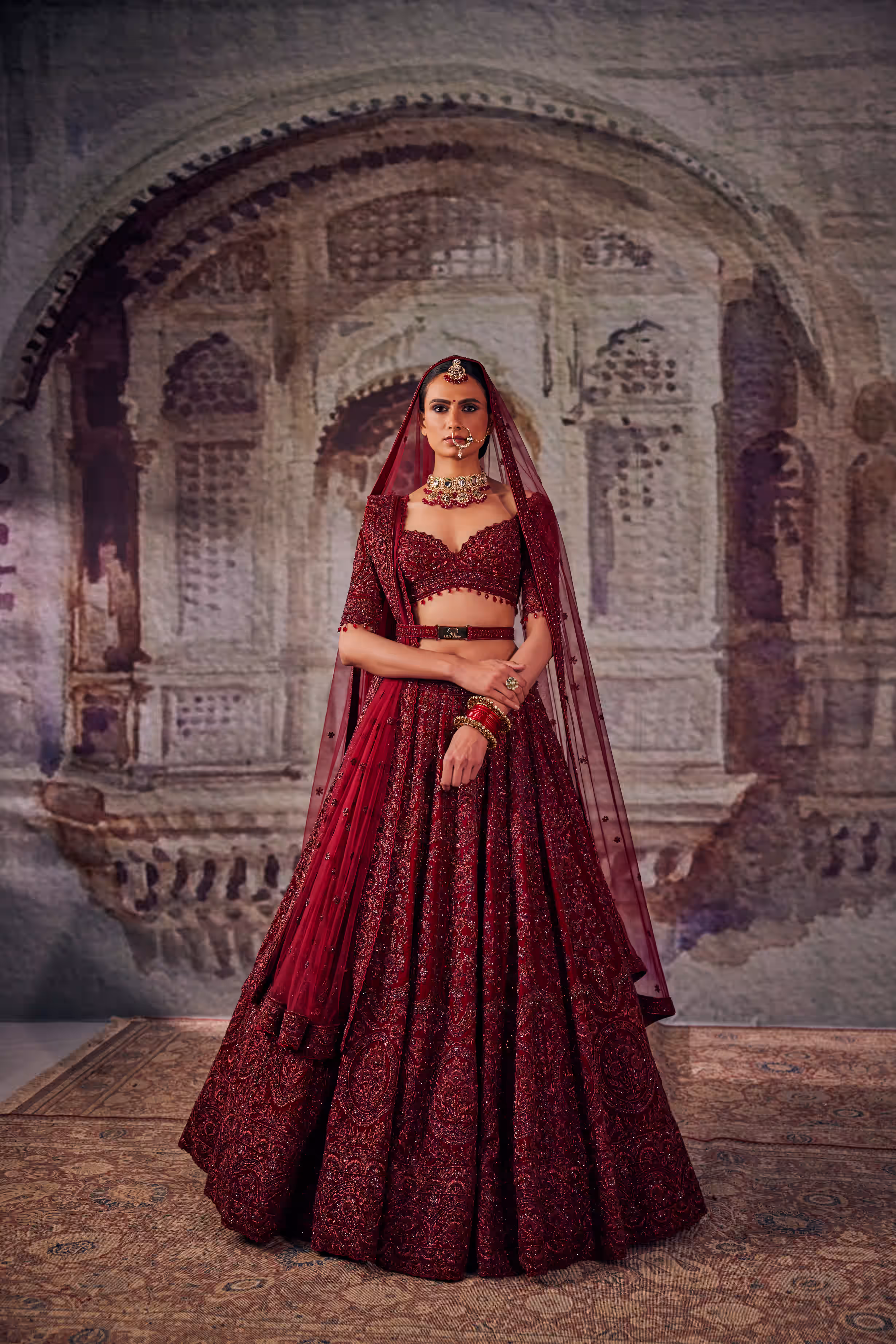 Crimson Red Tone on Tone Floral Jaal Bridal Lehenga