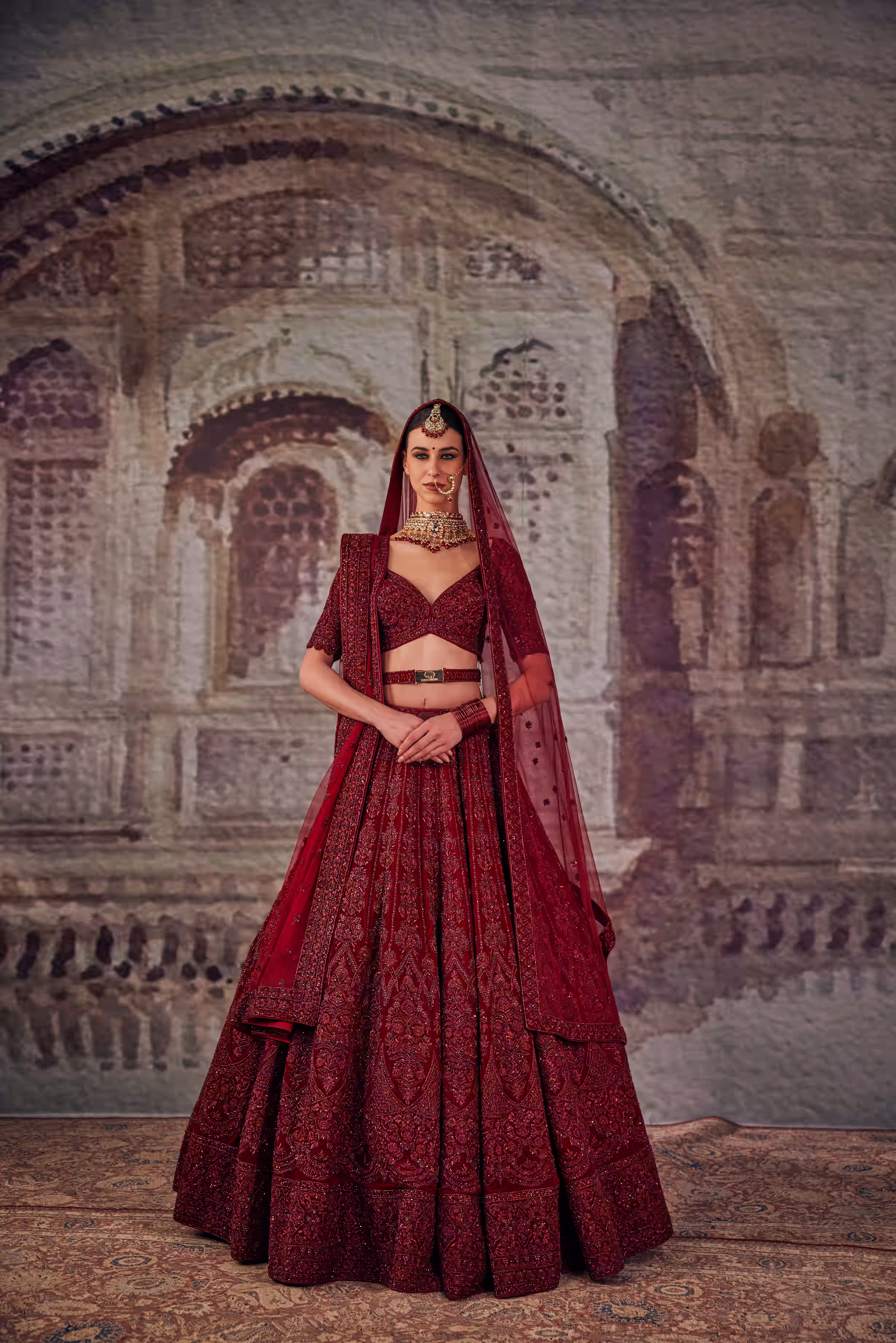 Crimson Red Tone on Tone Arch Floral Bridal Lehenga