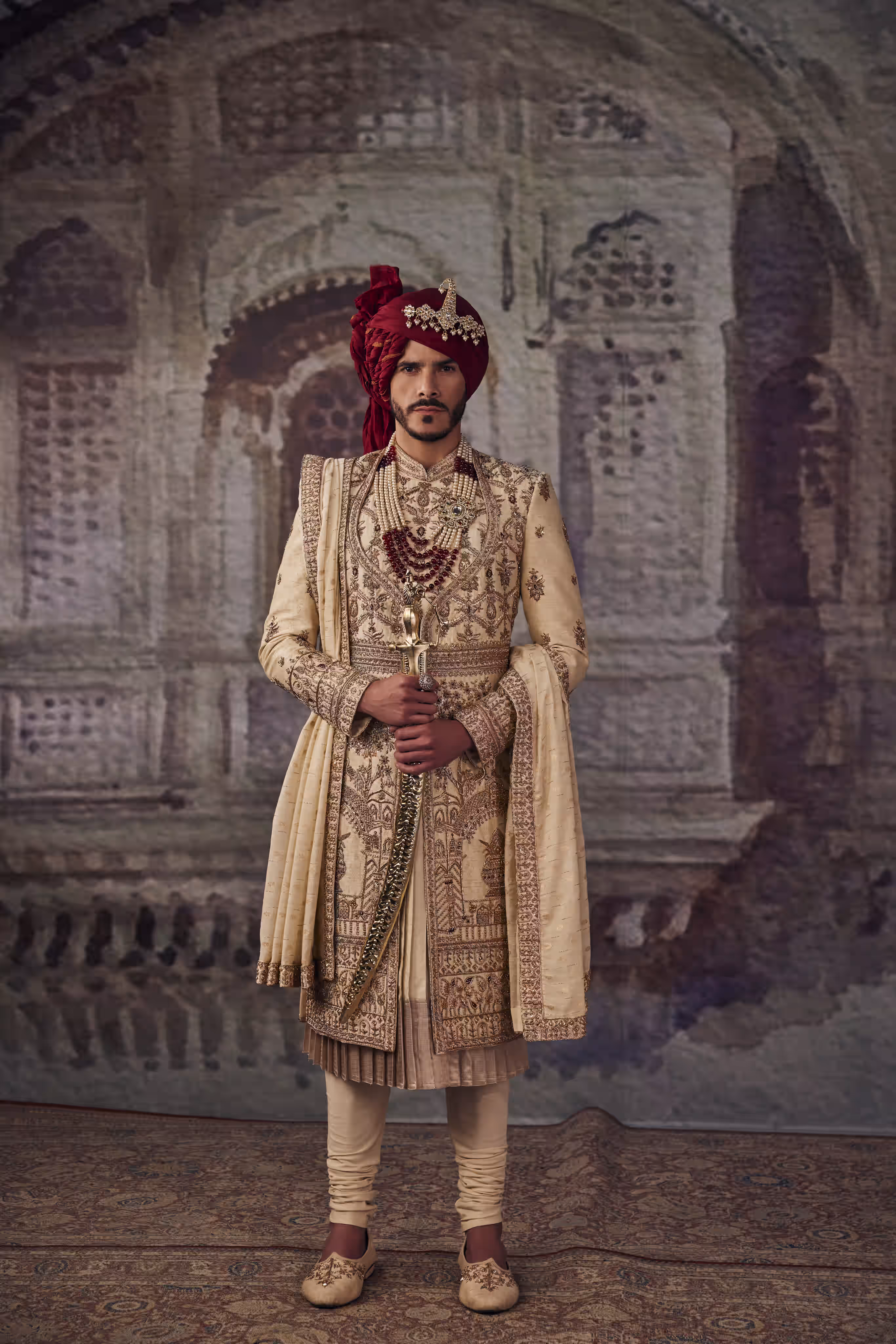 Ivory Gold Kalash Rajwada Sherwani