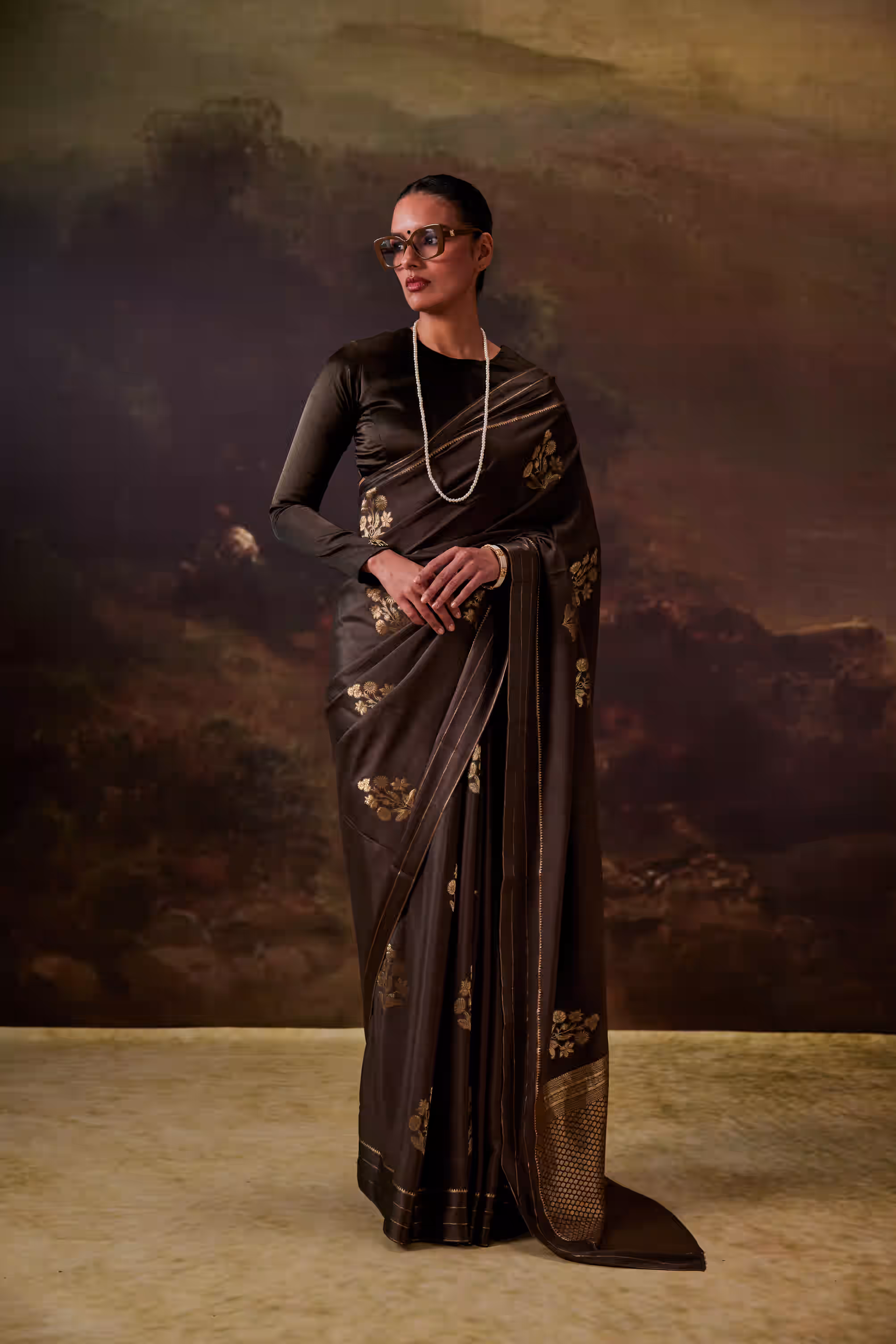 Olive Green Gold Zari Floral Buta Power Women Saree