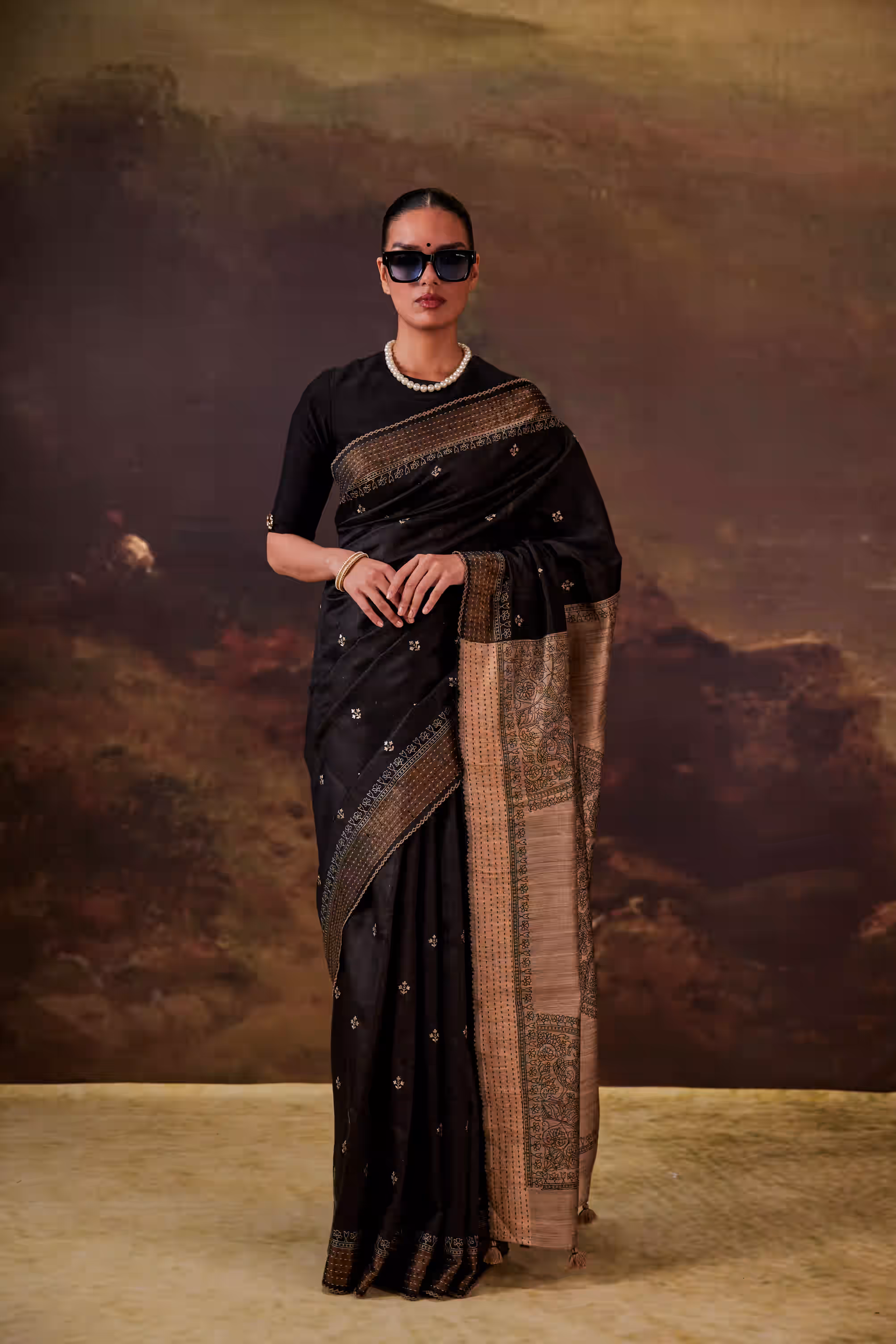 Black Kalamkari-Inspired Thread Embroidery Power Women Saree