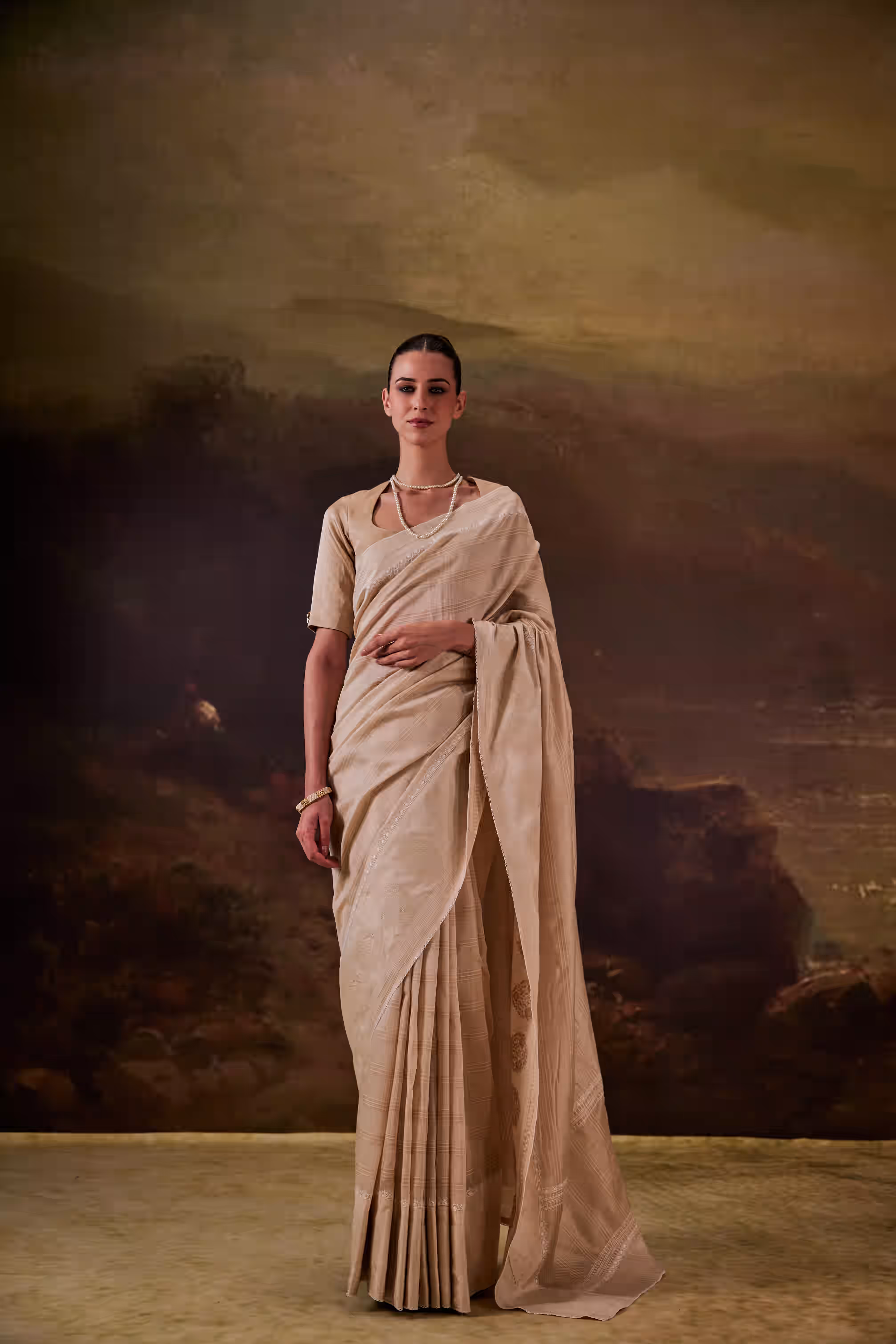 Beige Floral Ambi Thread Embroidery Power Women Saree