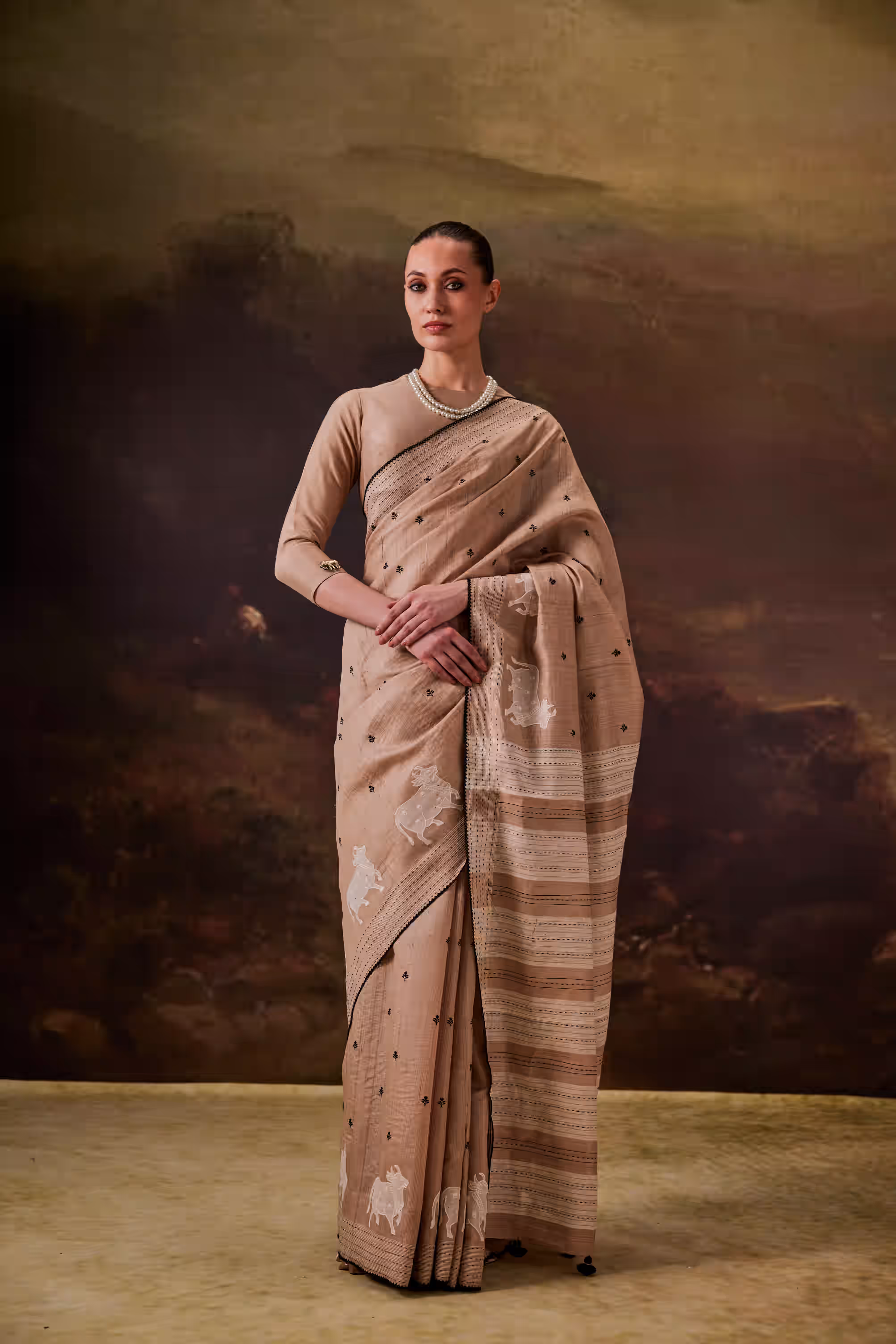 Beige Pichwai-Inspired Patchwork & Thread Embroidered Power Women Saree